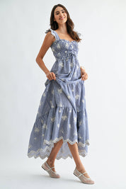 Blue Embroidered Striped Maxi Dress