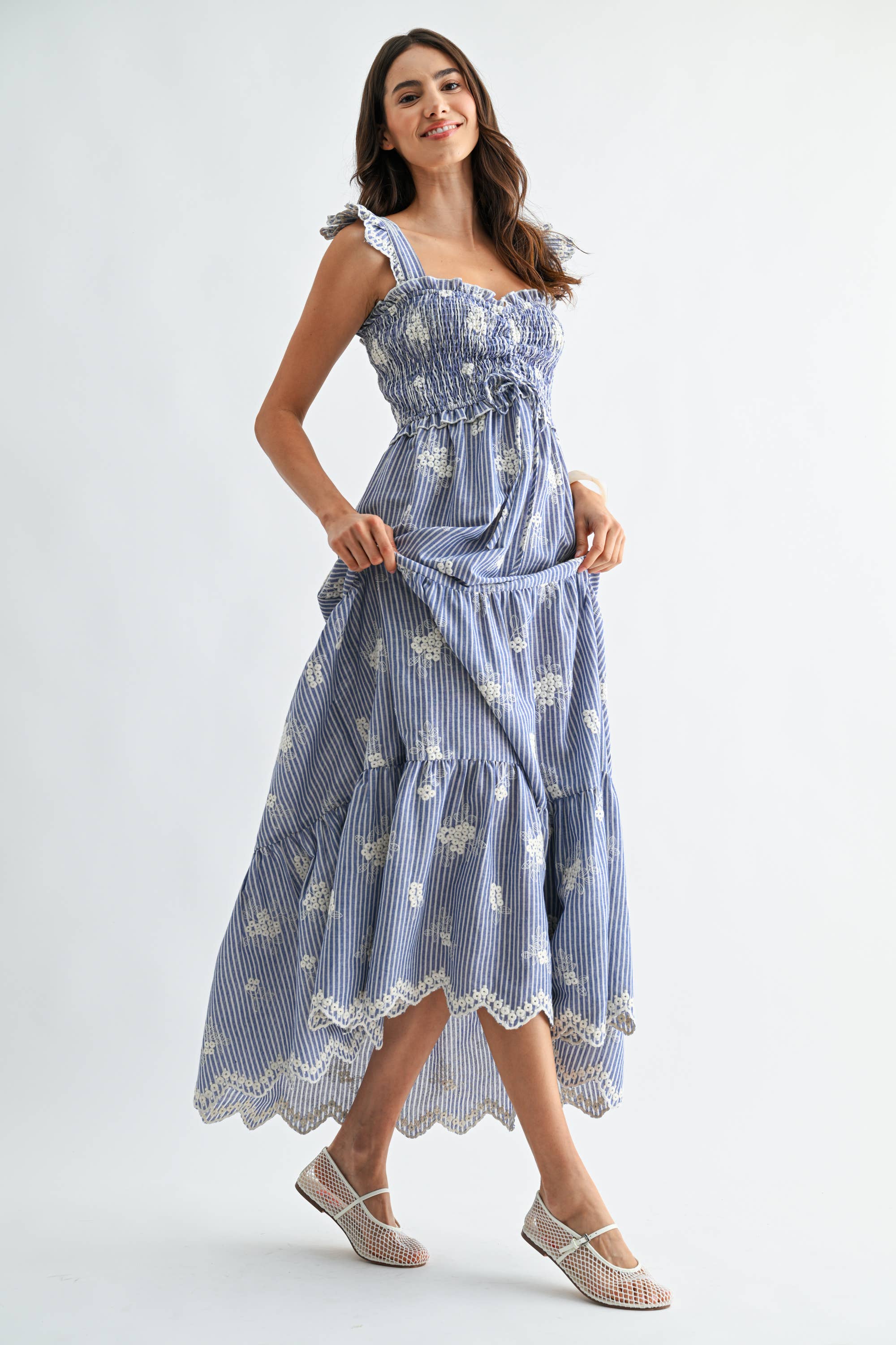 Blue Embroidered Striped Maxi Dress