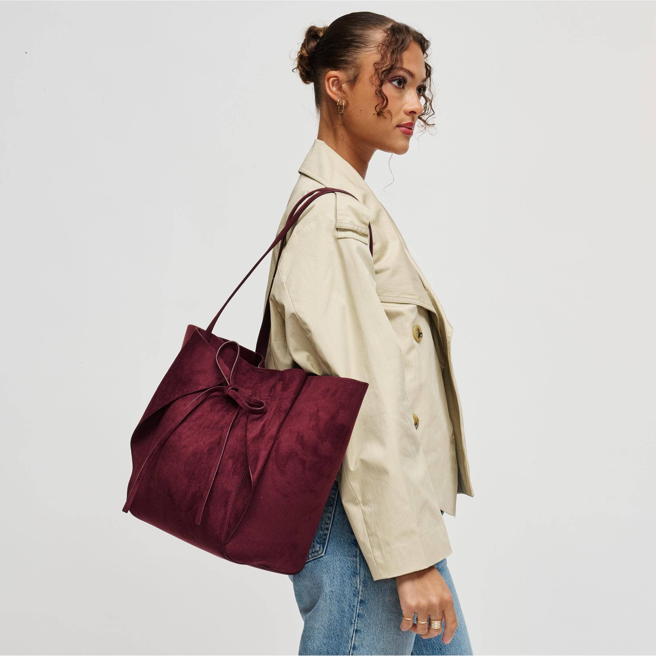 Burgundy Bow Front Suede Tote