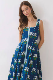 Floral Border Trim Square Neck Midi Dress