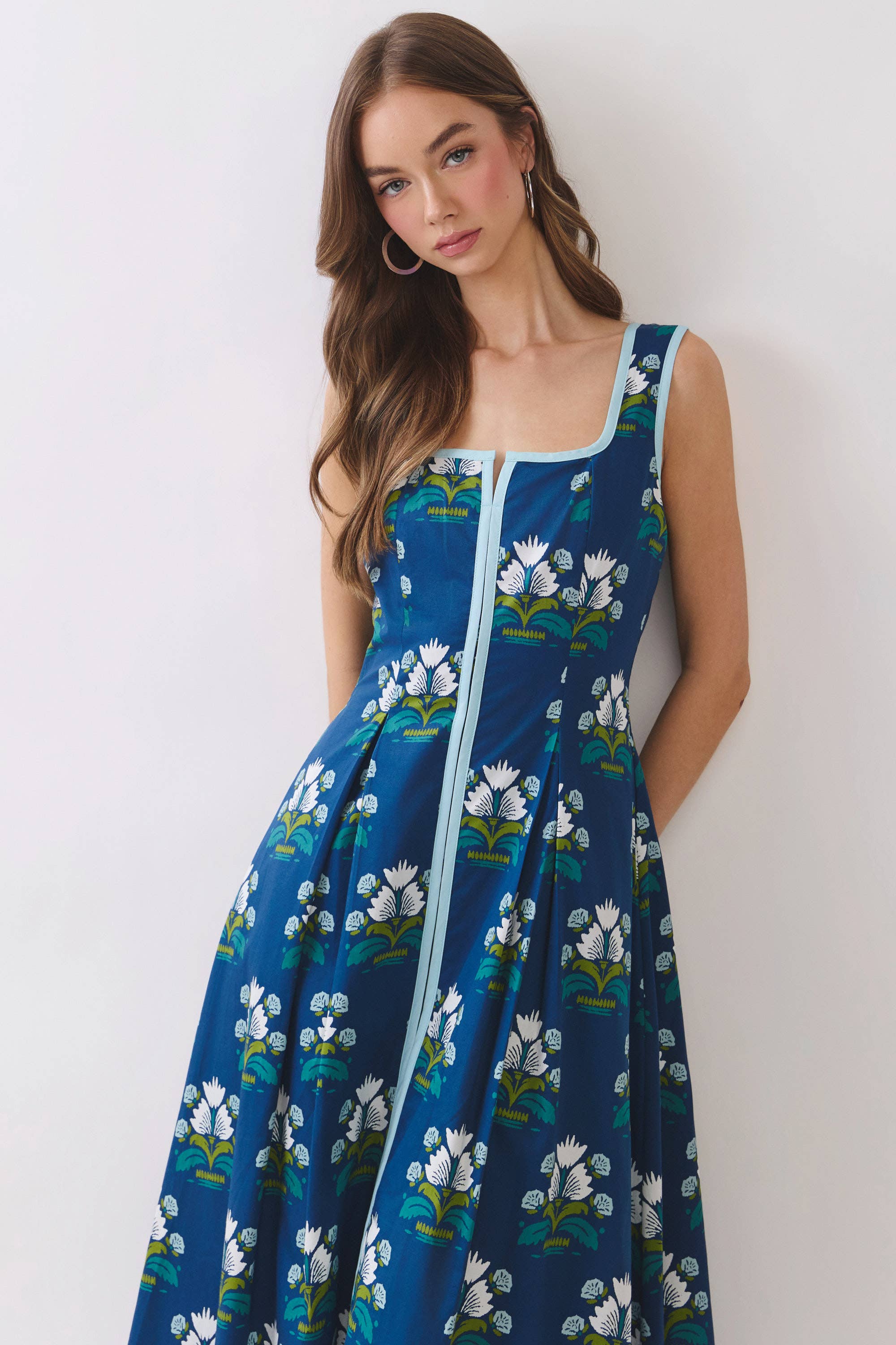 Floral Border Trim Square Neck Midi Dress