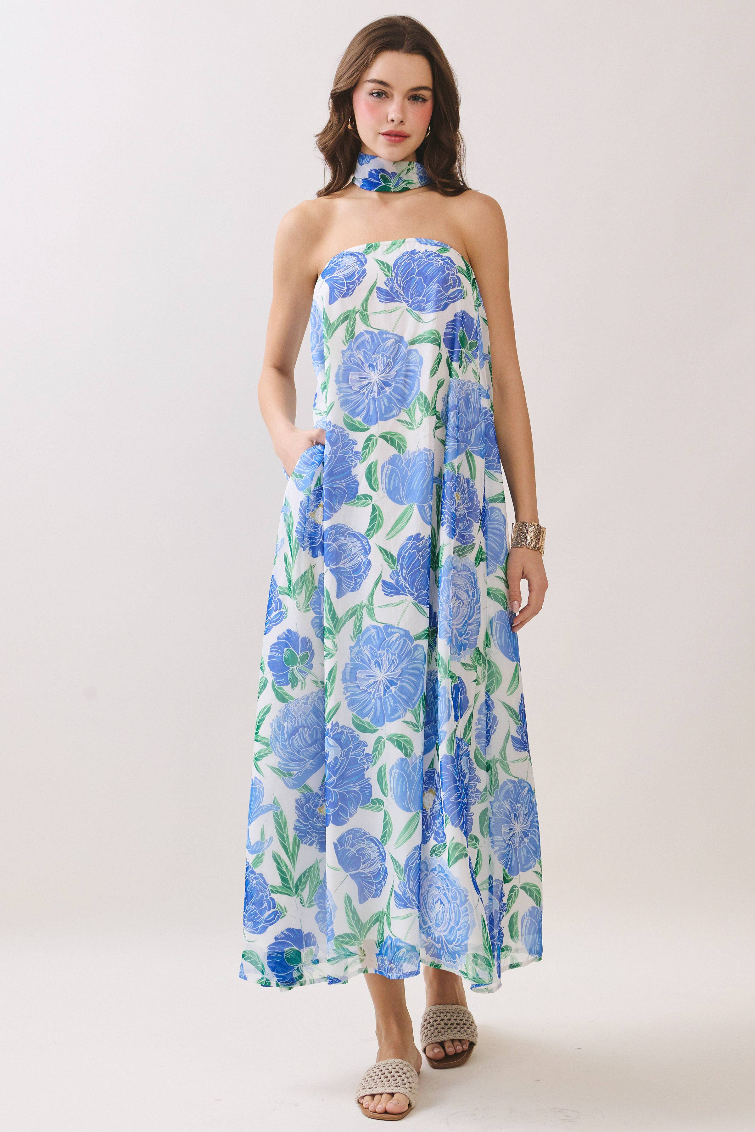 Strapless Floral Maxi Dress with Scarf