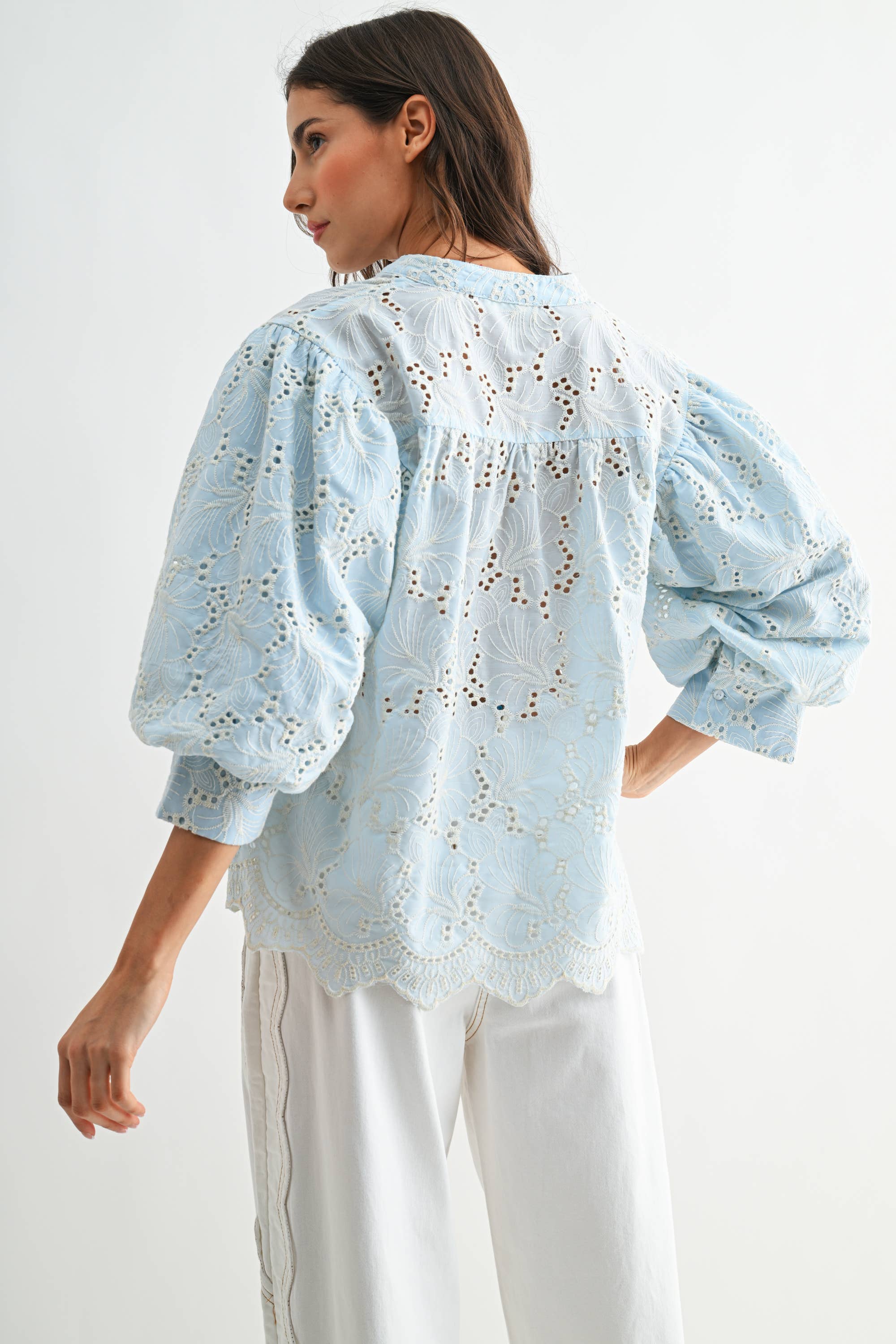 Light Blue Eyelet Puff Sleeve Top
