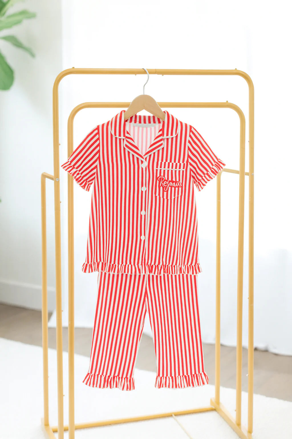 Kids Red Striped Pajama Set — rejoice embroidered on front pocket and short sleeve button up with matching pants