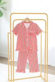 Kids Red Striped Pajama Set — rejoice embroidered on front pocket and short sleeve button up with matching pants