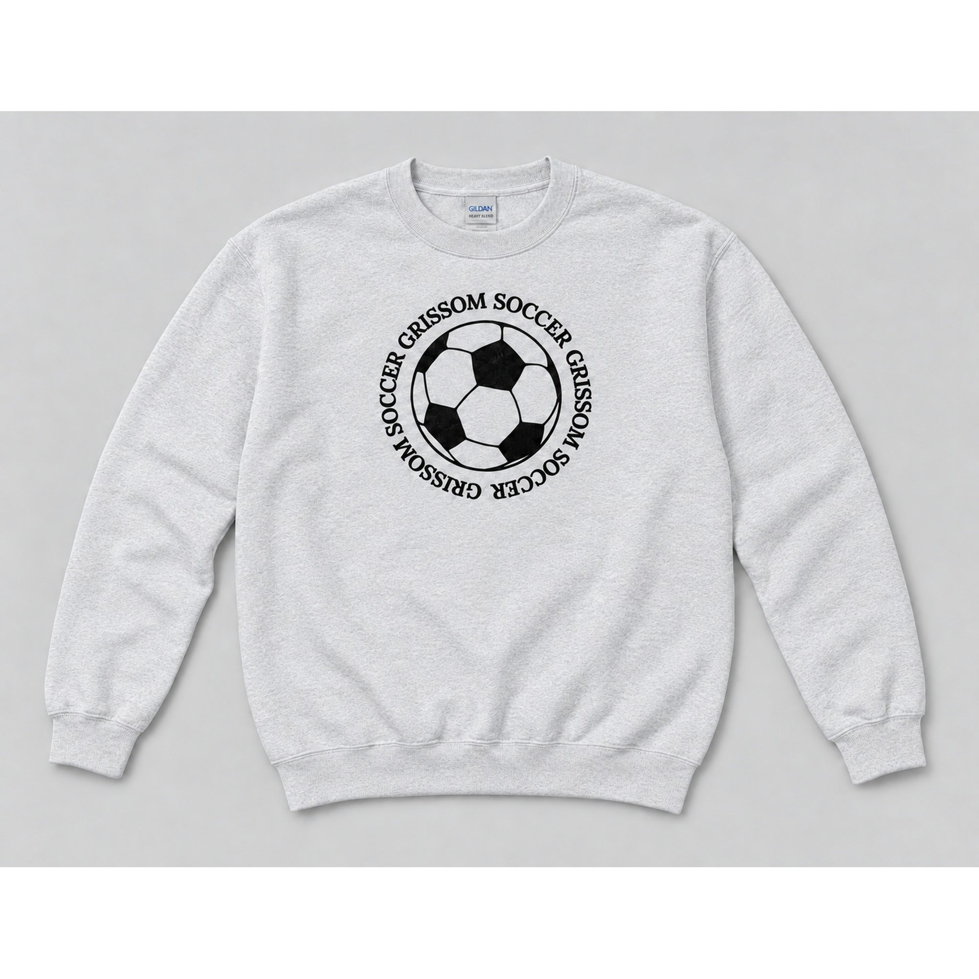 Grissom Soccer design on an ash gray Gildan crewneck sweatshirt