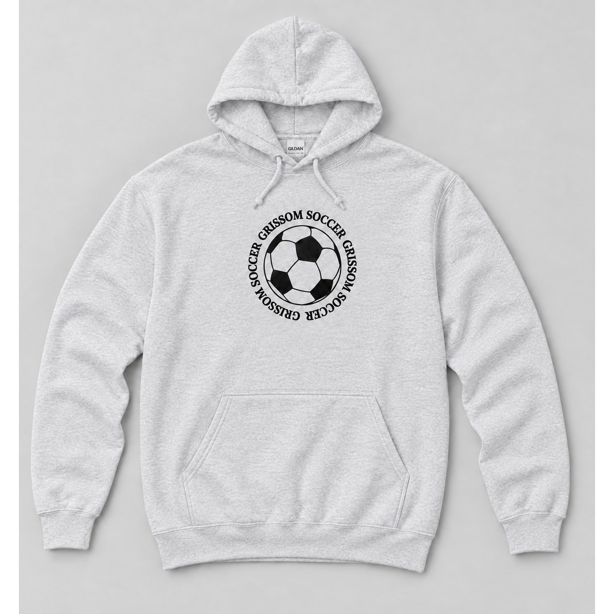 Grissom Soccer design on an ash gray Gildan pullover hoodie