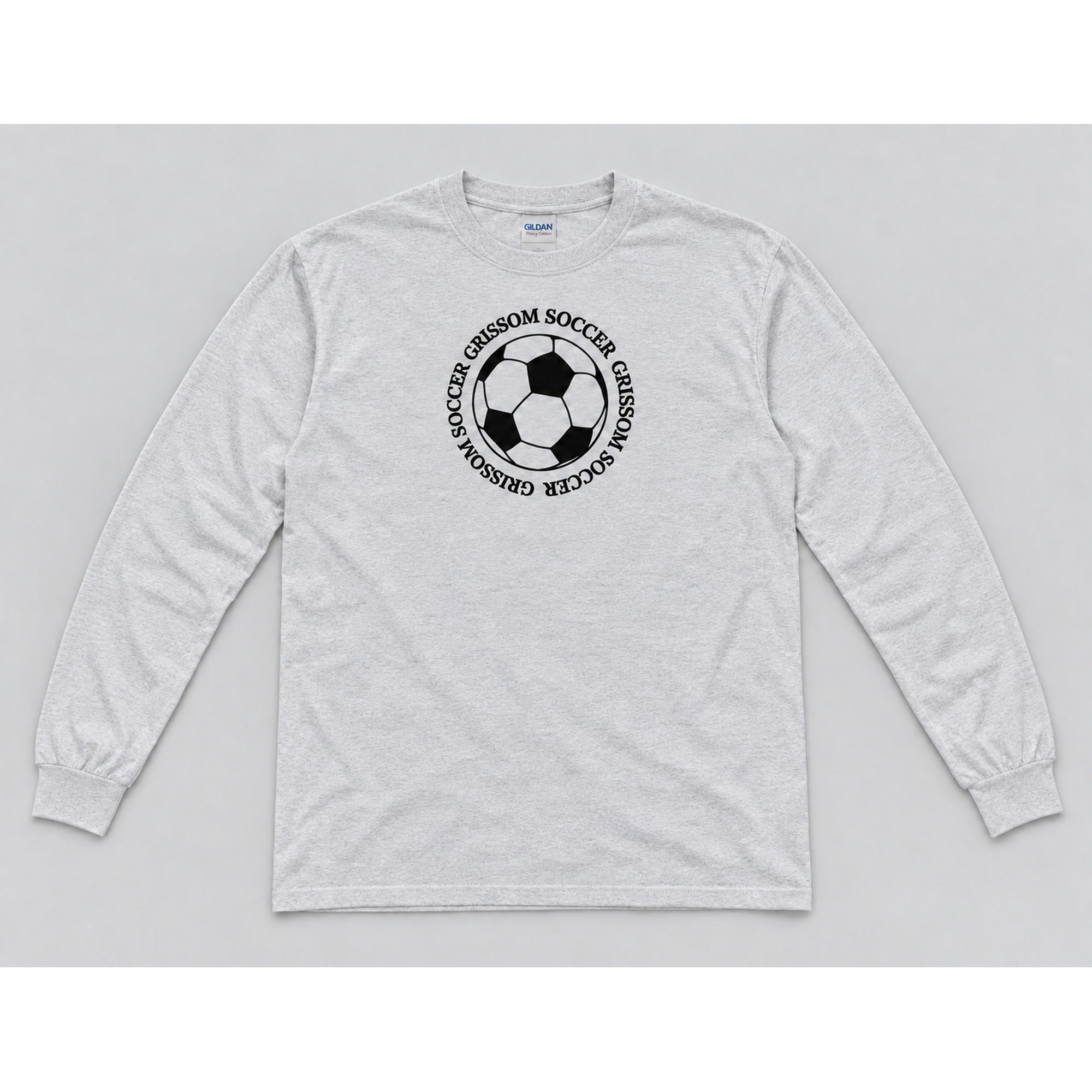 Grissom Soccer design on an ash gray Gildan long sleeve t-shirt