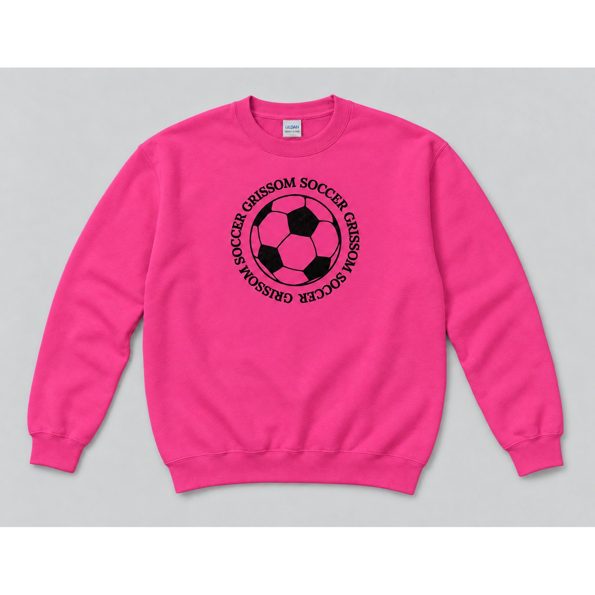 Grissom Soccer design on a youth hot pink Gildan crewneck sweatshirt