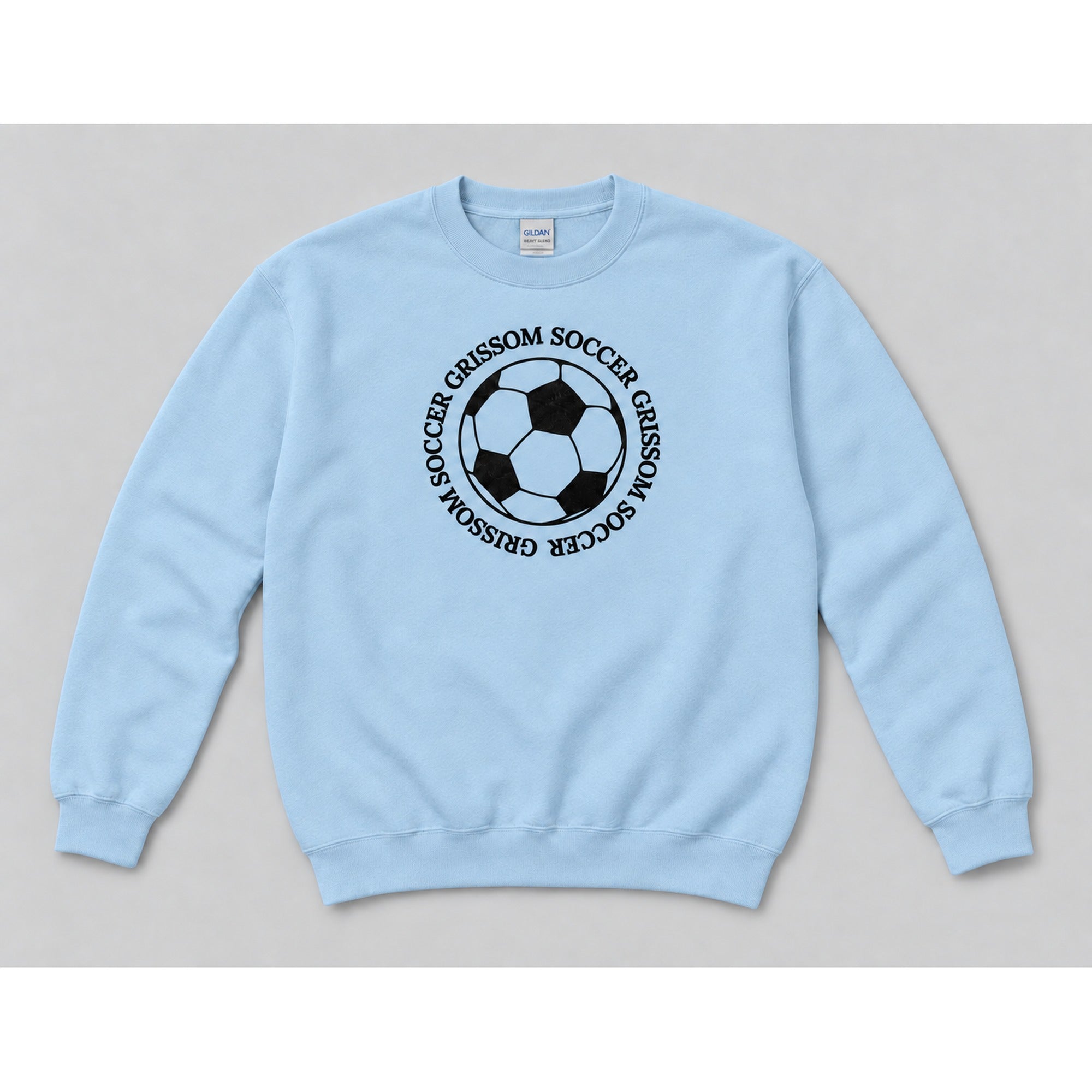 Grissom Soccer design on a light blue Gildan crewneck sweatshirt
