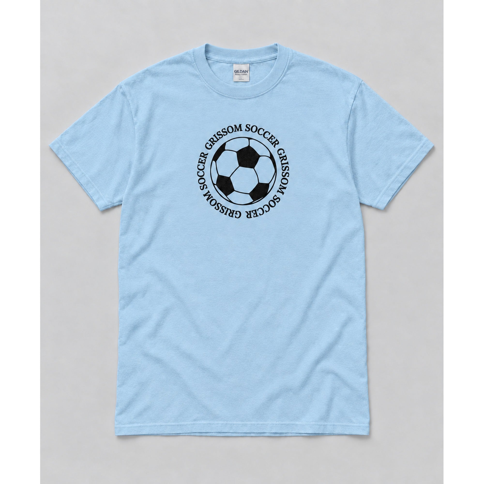 Grissom Soccer design on a light blue Gildan short sleeve t-shirt