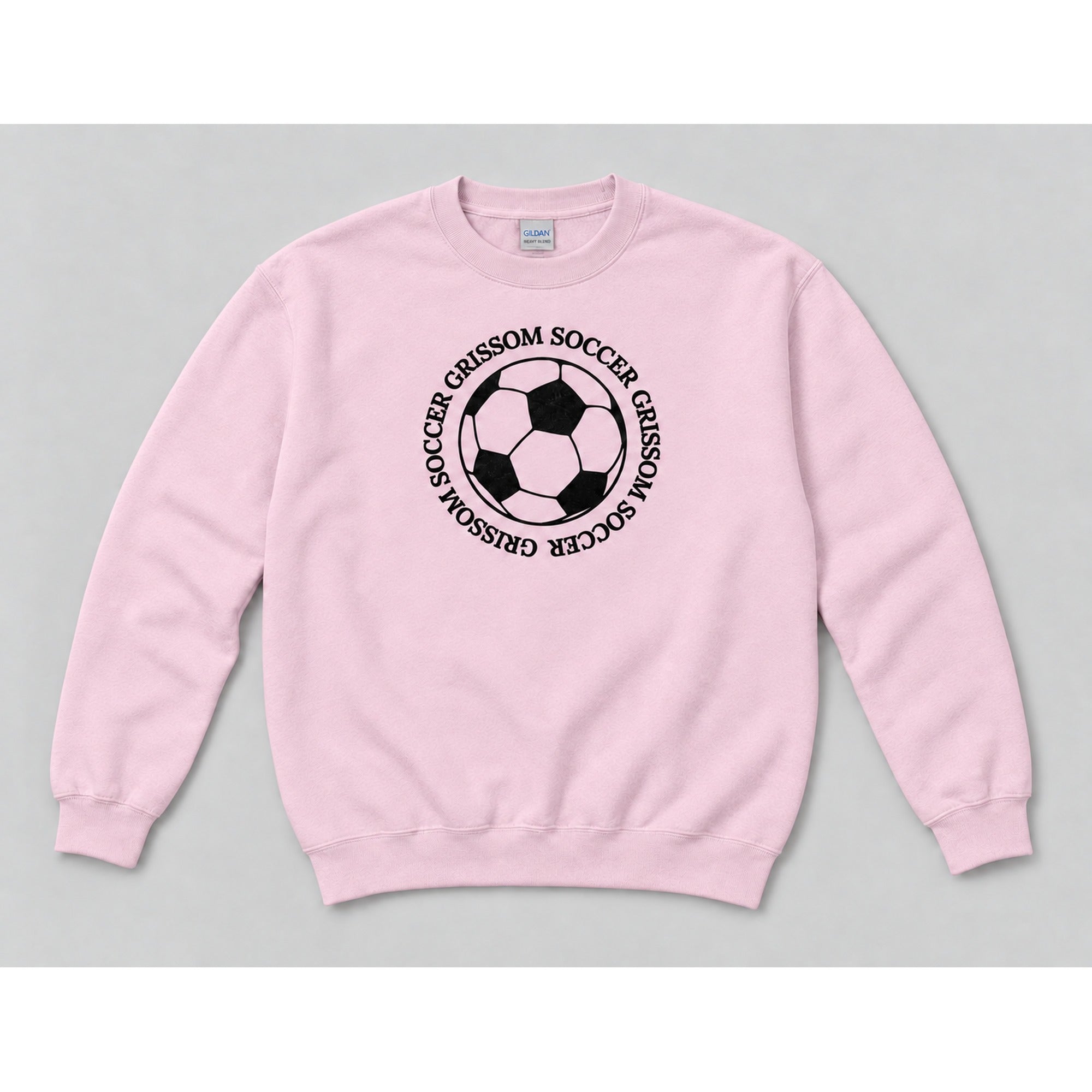 Grissom Soccer design on a light pink Gildan crewneck sweatshirt