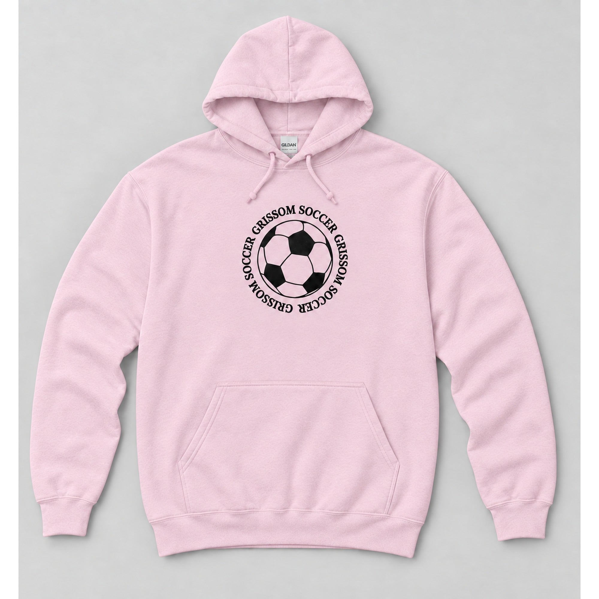 Grissom Soccer design on a light pink Gildan pullover hoodie