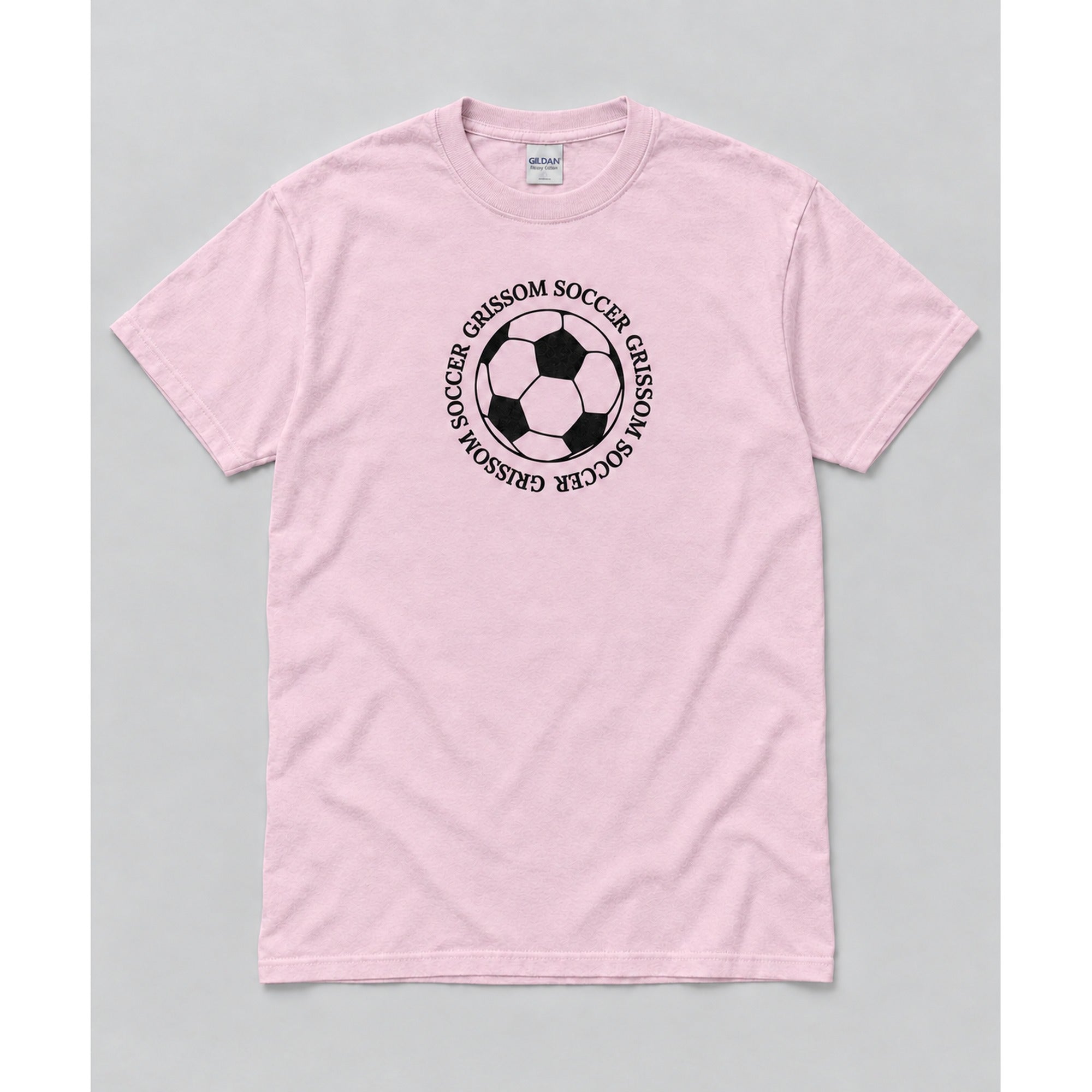 Grissom Soccer design on a light pink Gildan short sleeve t-shirt