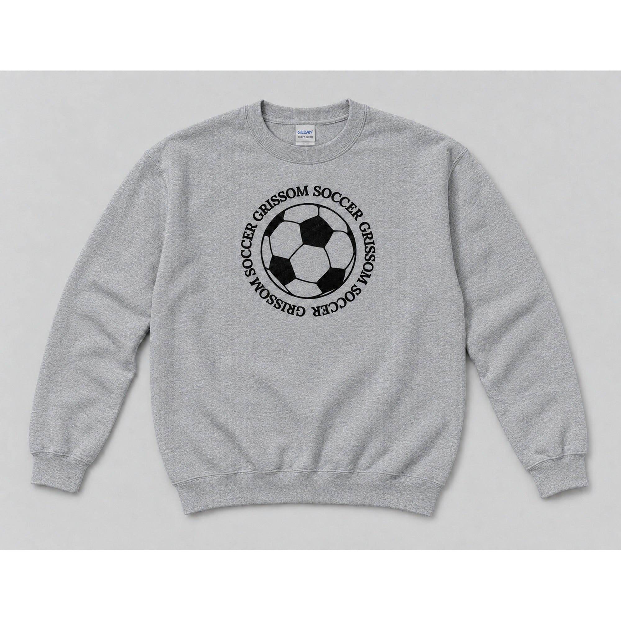 Grissom Soccer design on a youth sport grey Gildan crewneck sweatshirt