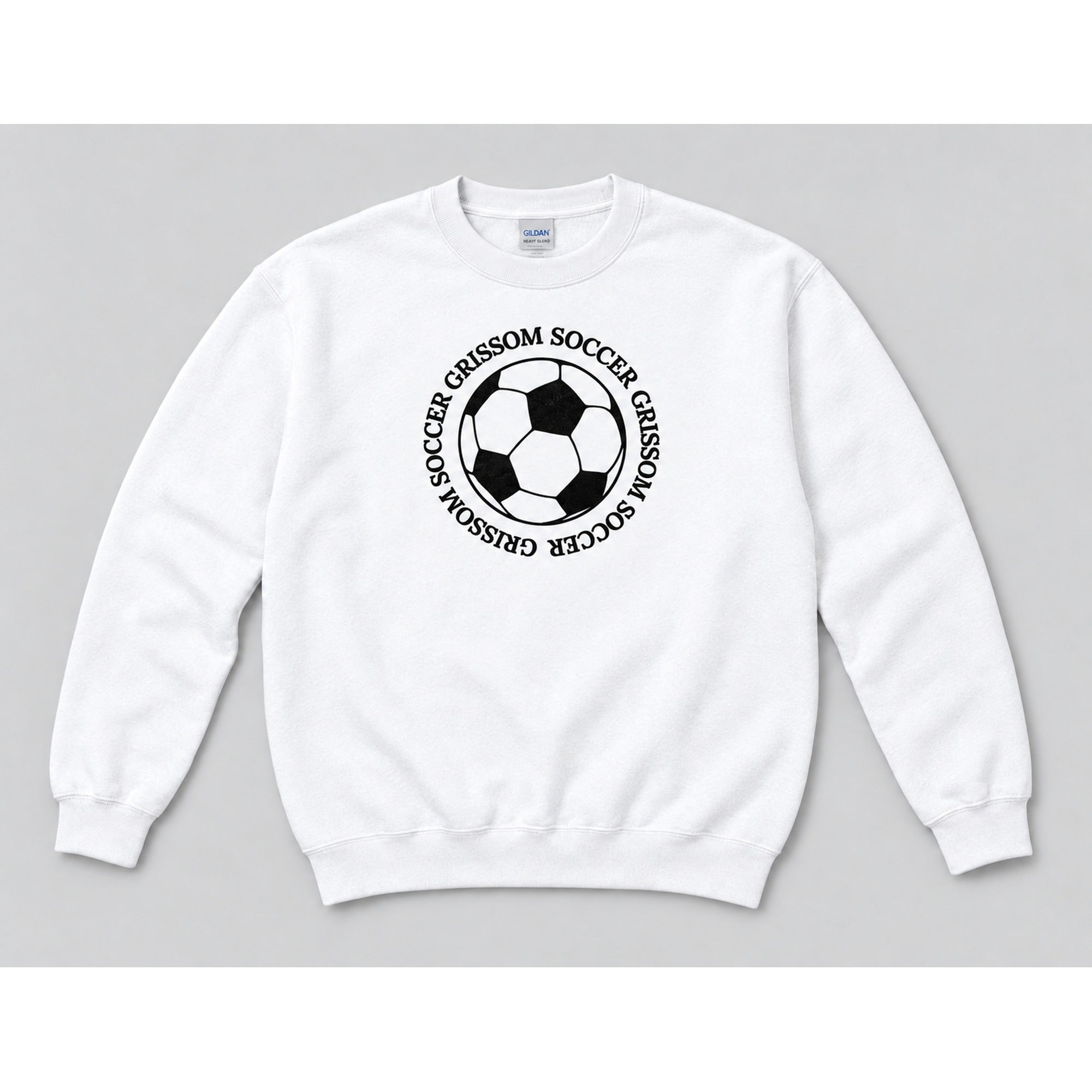 Grissom Soccer design on a white Gildan crewneck sweatshirt