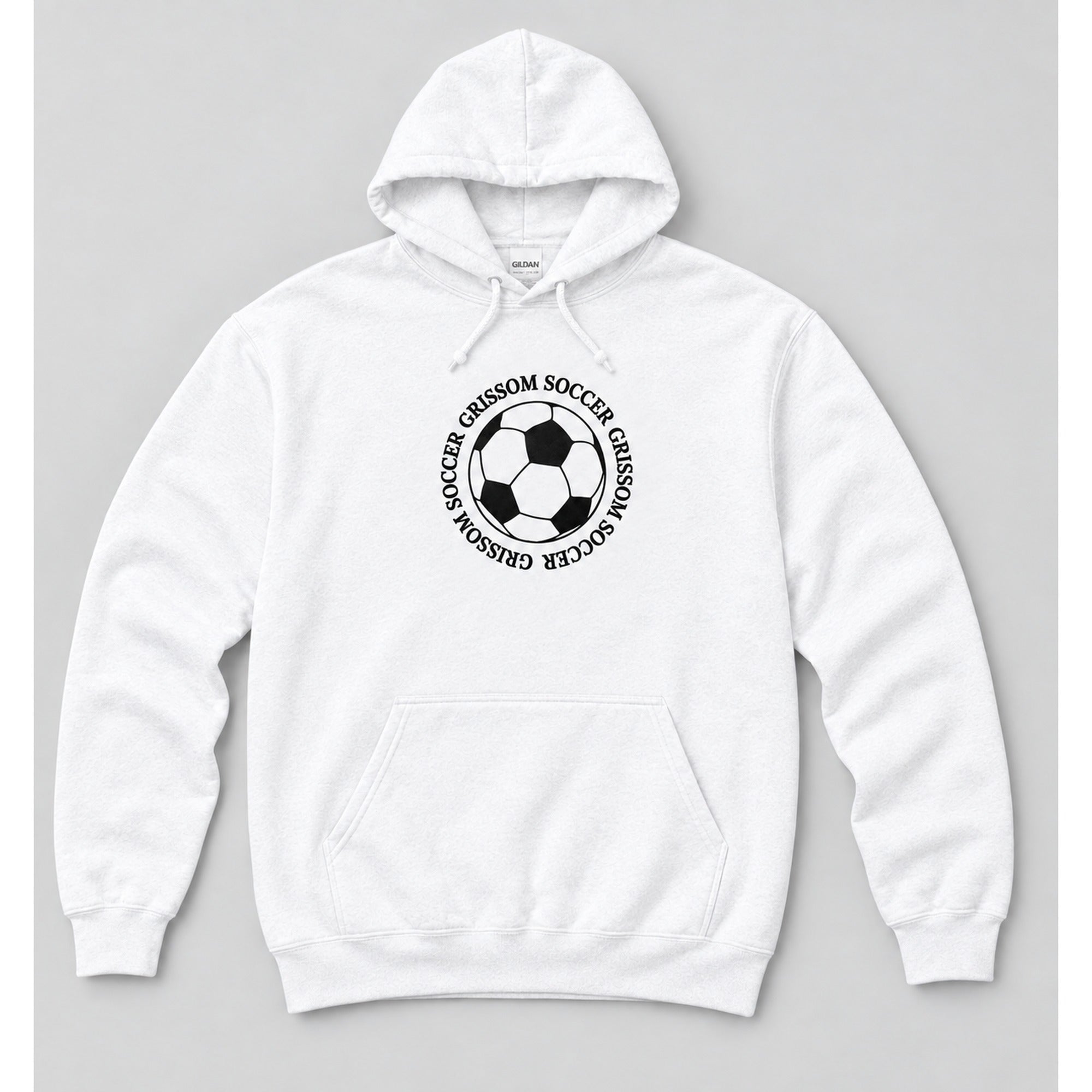 Grissom Soccer design on a white Gildan pullover hoodie