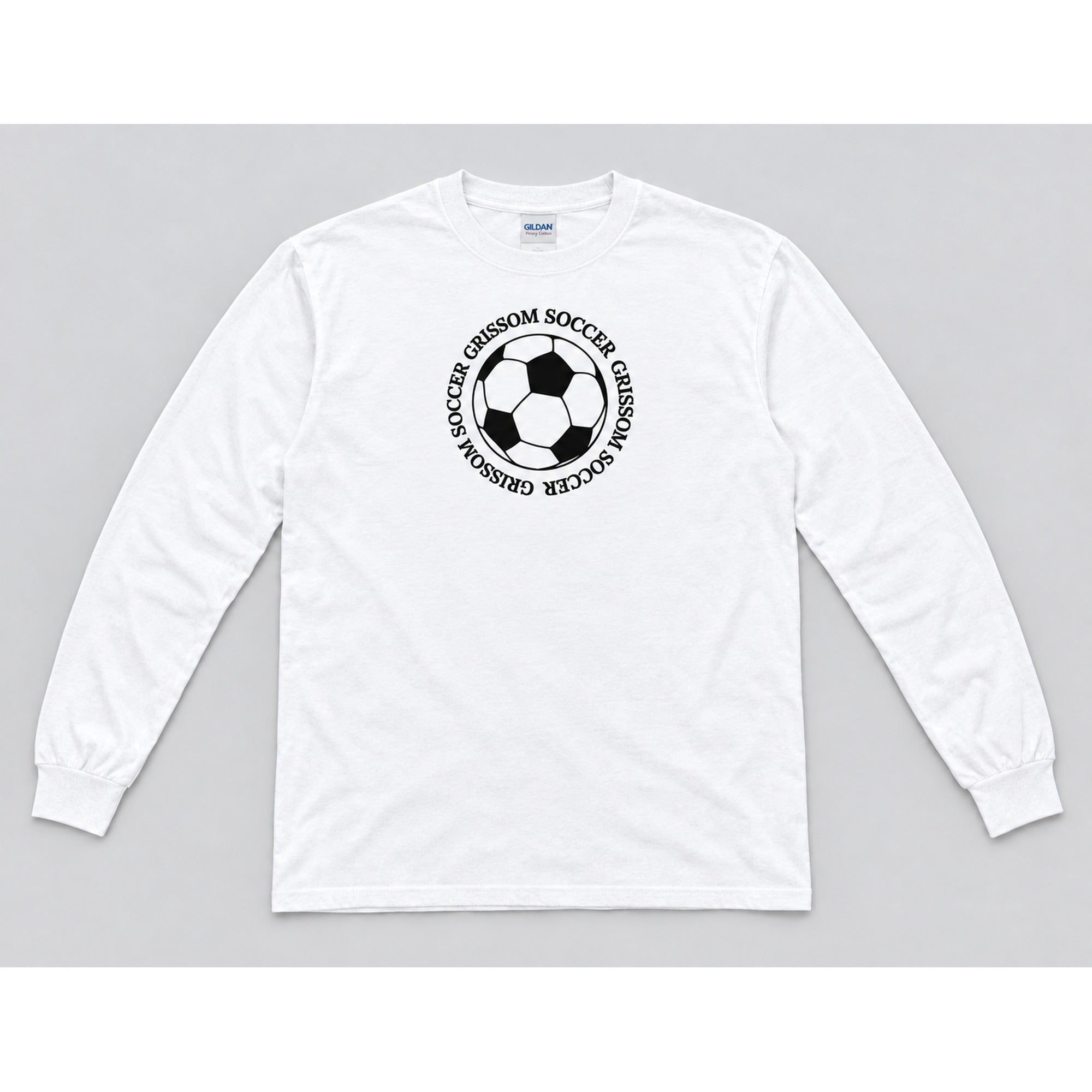 Grissom Soccer design on a white Gildan long sleeve t-shirt