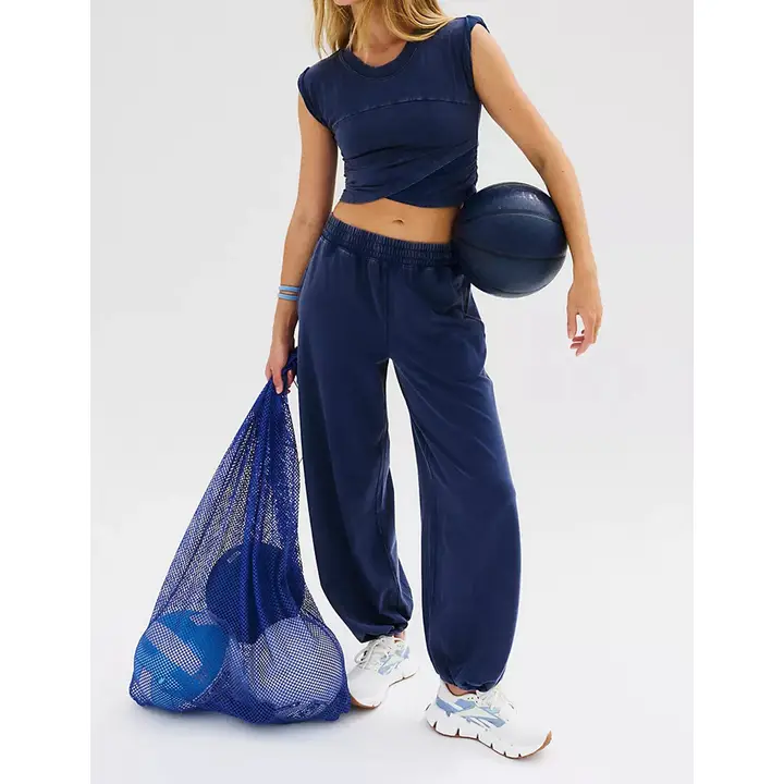 Navy Solid Color Crop Top and Pants Set
