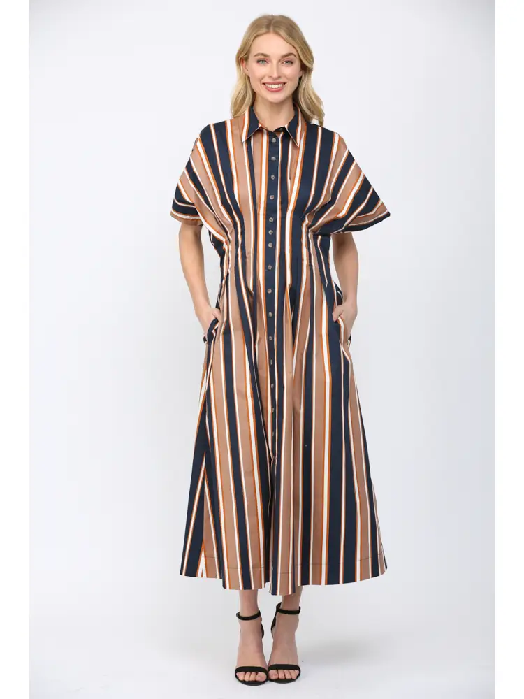 Navy Striped Shirt Dress — color: navy with a multicolor stripe print and collared neckline