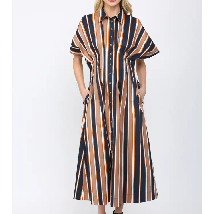 Navy Striped Shirt Dress — color: navy with a multicolor stripe print and collared neckline