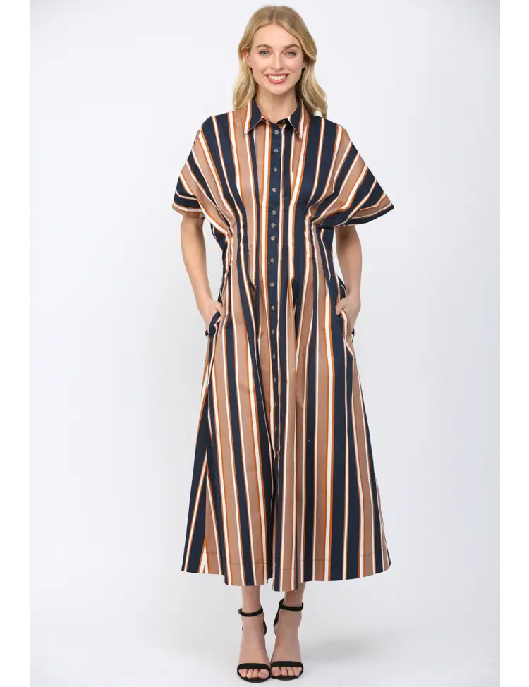 Navy Striped Shirt Dress — color: navy with a multicolor stripe print and collared neckline