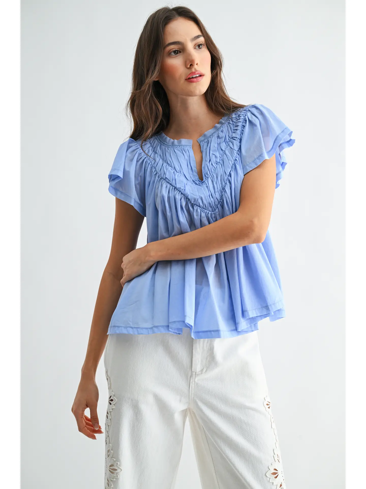 Blue Flutter Sleeve Blouse