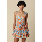 Orange Ruffle Floral Mini Dress — mini length and tie front