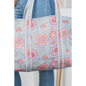 Light Blue Floral Quilted Tote — 100% cotton