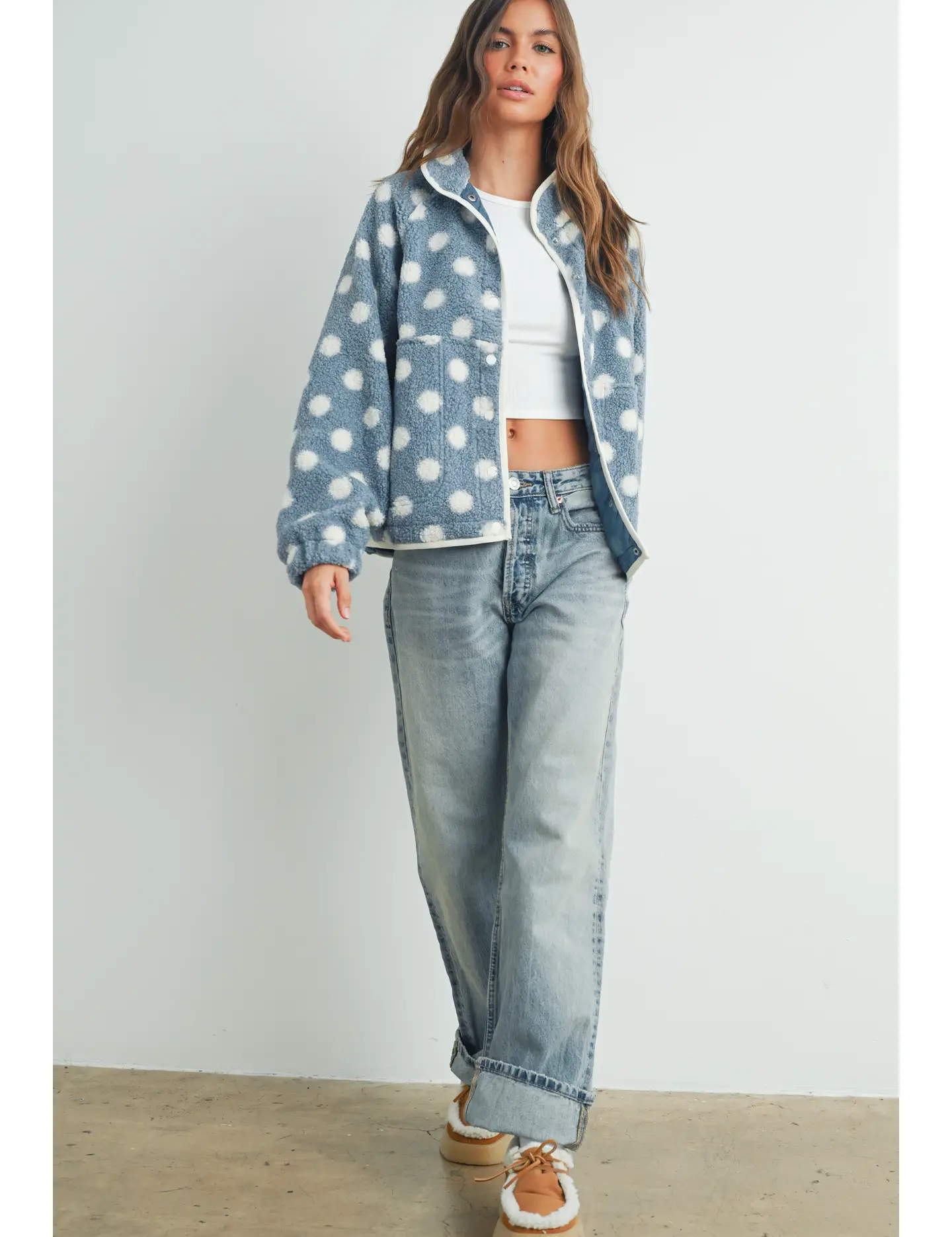 Blue Polka Dot Button Jacket — polka dot and sherpa