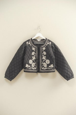 Black Quilted Floral Embroidered Jacket