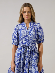 Blue Viry Floral Mini Dress — split neck and button down