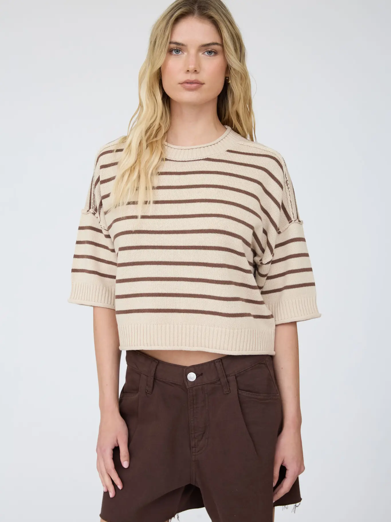 Cream Stripe Edge Drop Shoulder Top