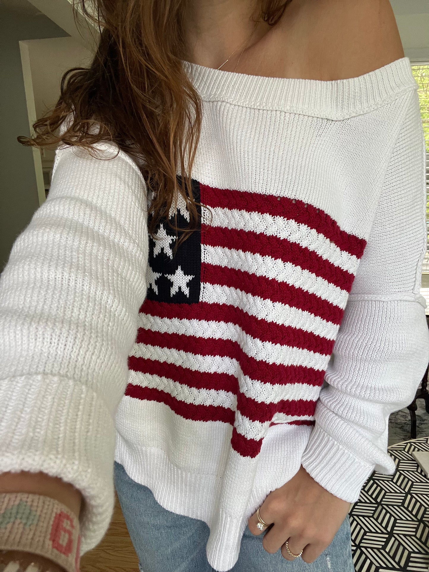 American Flag Boat Neck Sweater Oversized
