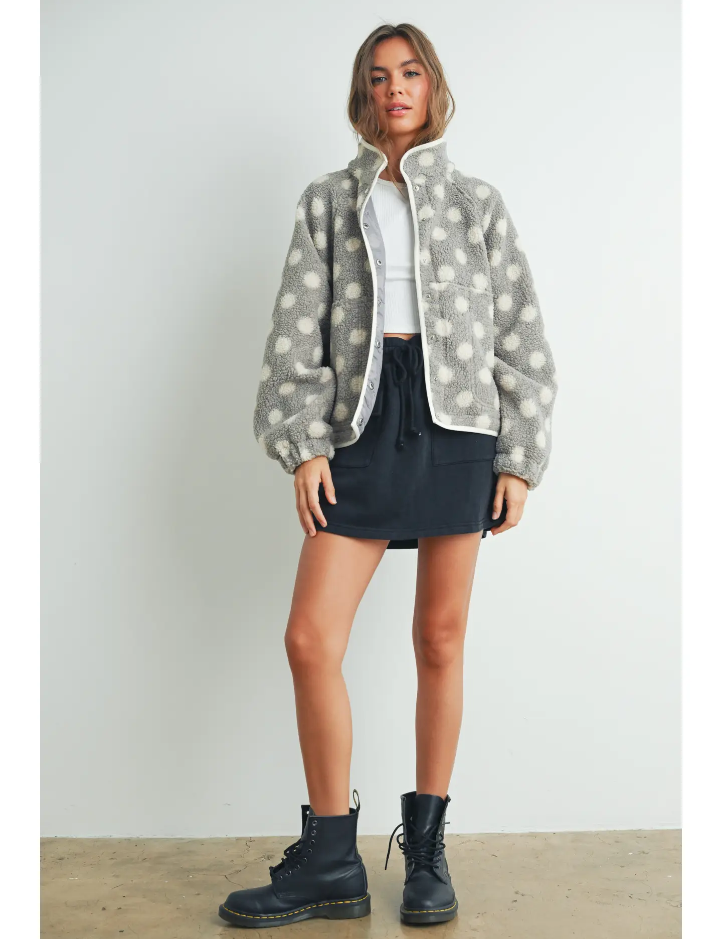 Gray Polka Dot Button Jacket — polka dot and sherpa