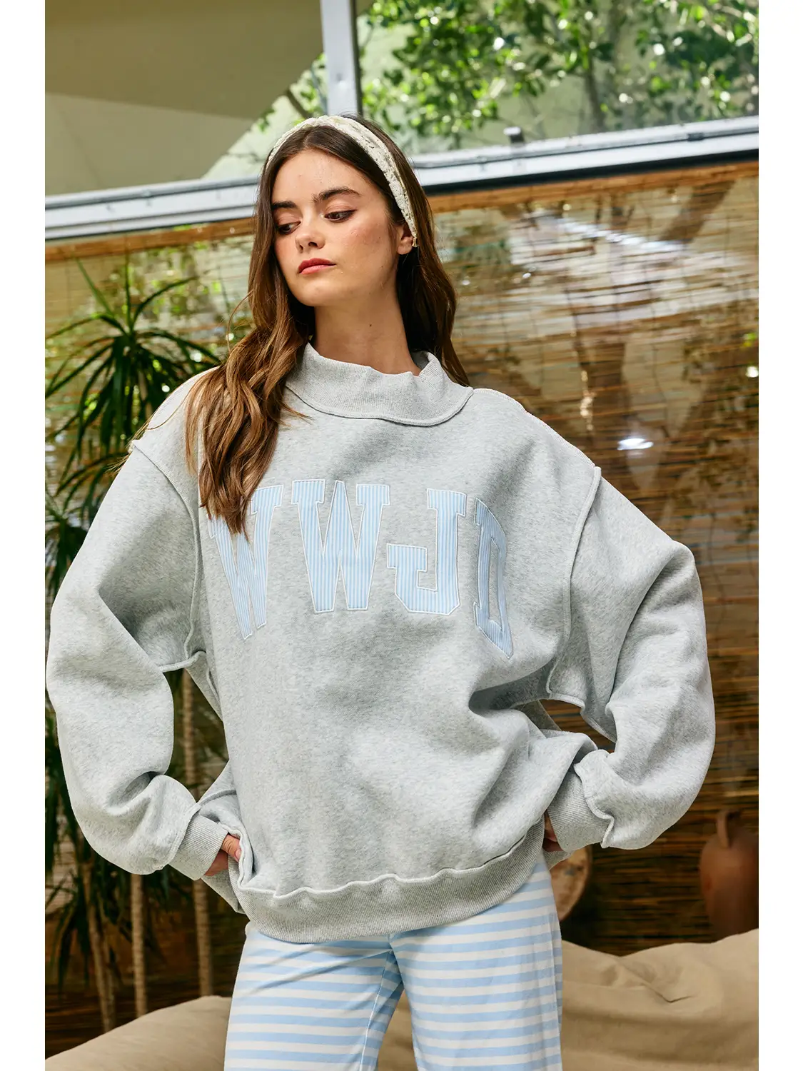 Blue Stripe Embroidered WWJD Mock Neck