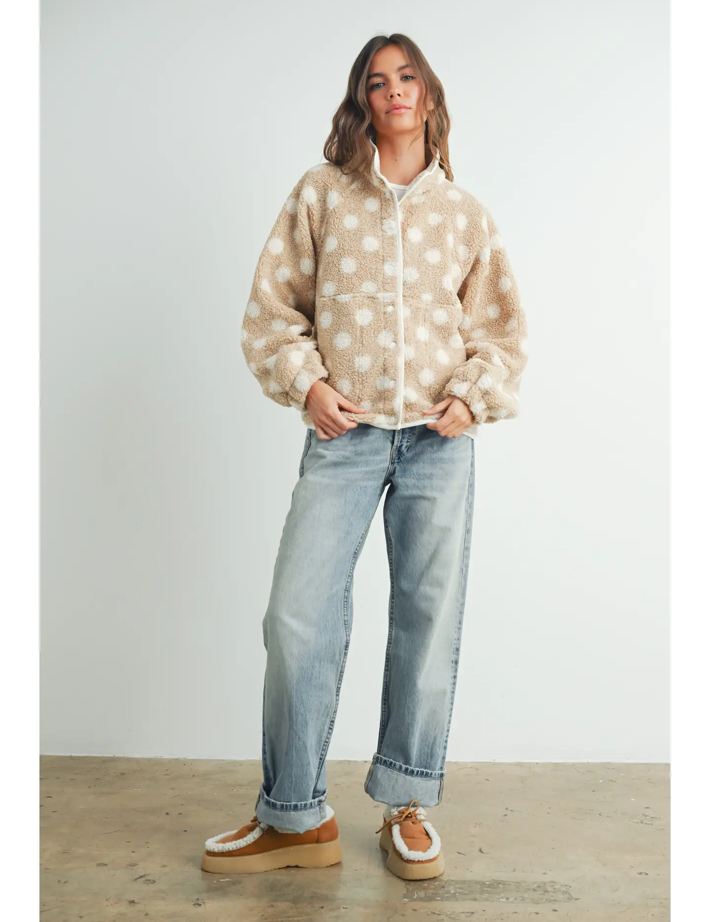 Beige Polka Dot Button Jacket — polka dot and sherpa