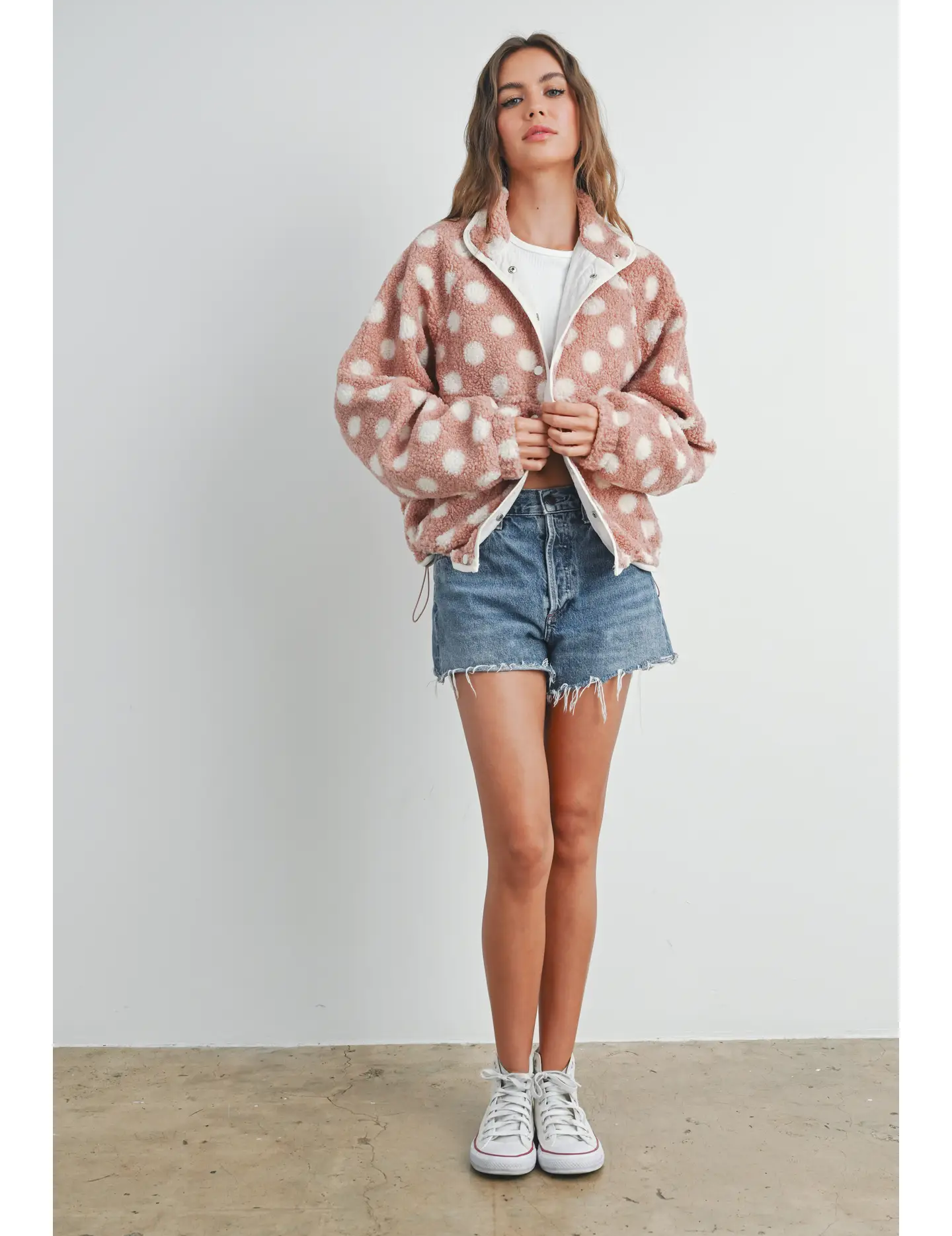 Pink Polka Dot Button Jacket — polka dot and sherpa