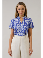 Blue Floral Split Neck Ruffle Top — split neck and button down