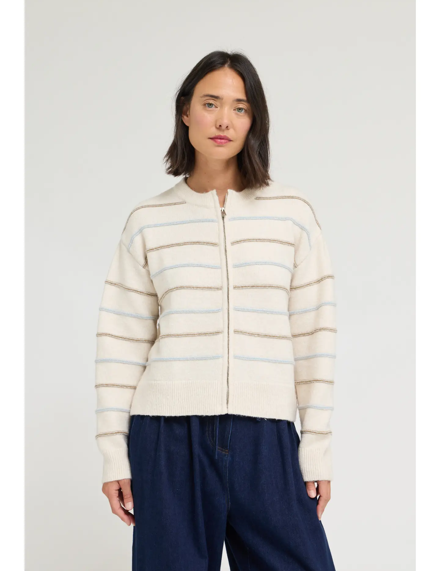 Cream Stripe Knit Zip-Up at Ninety Nine Boutique