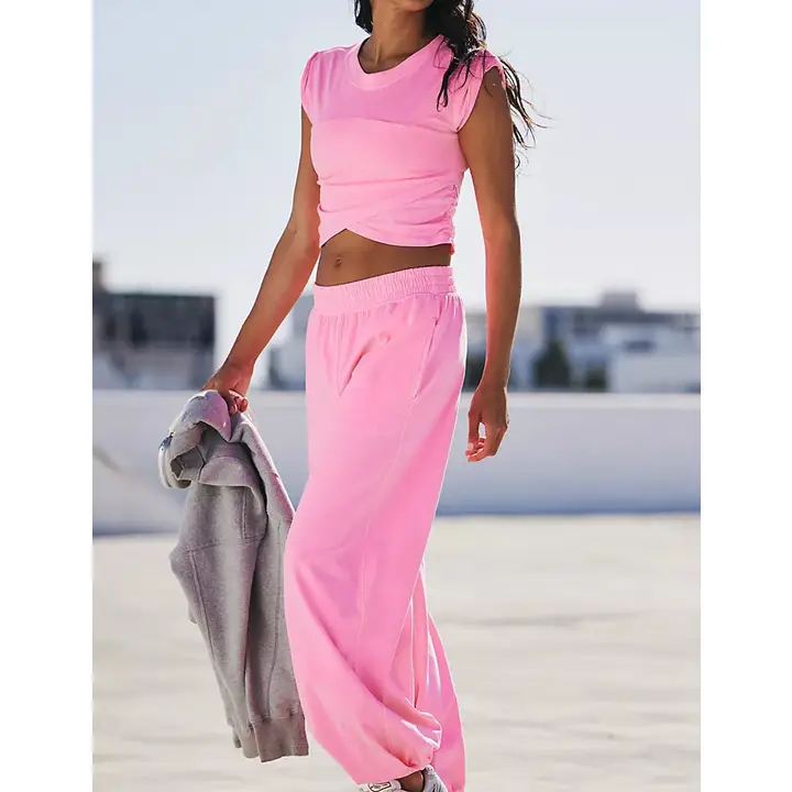Pink Solid Color Crop Top and Pants Set