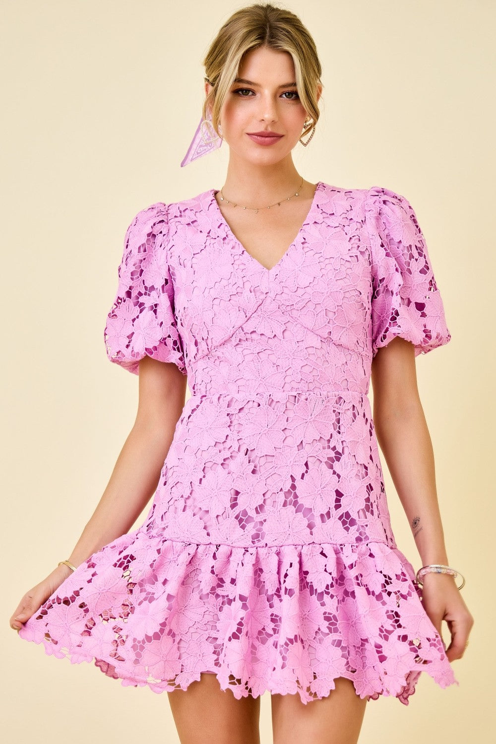 Purple Floral Lace Mini Dress