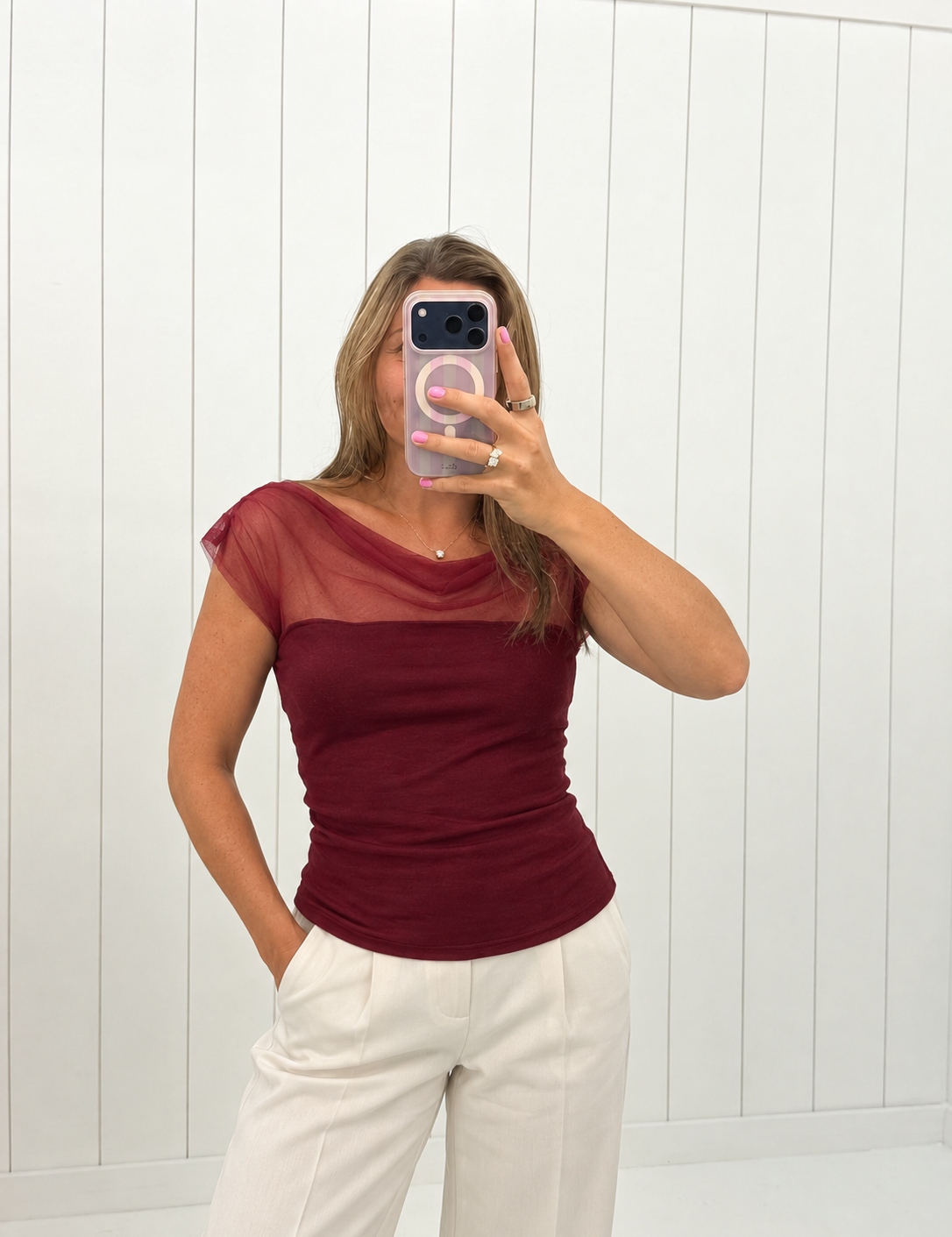 Burgundy Mesh Drape Top