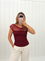 Burgundy Mesh Drape Top