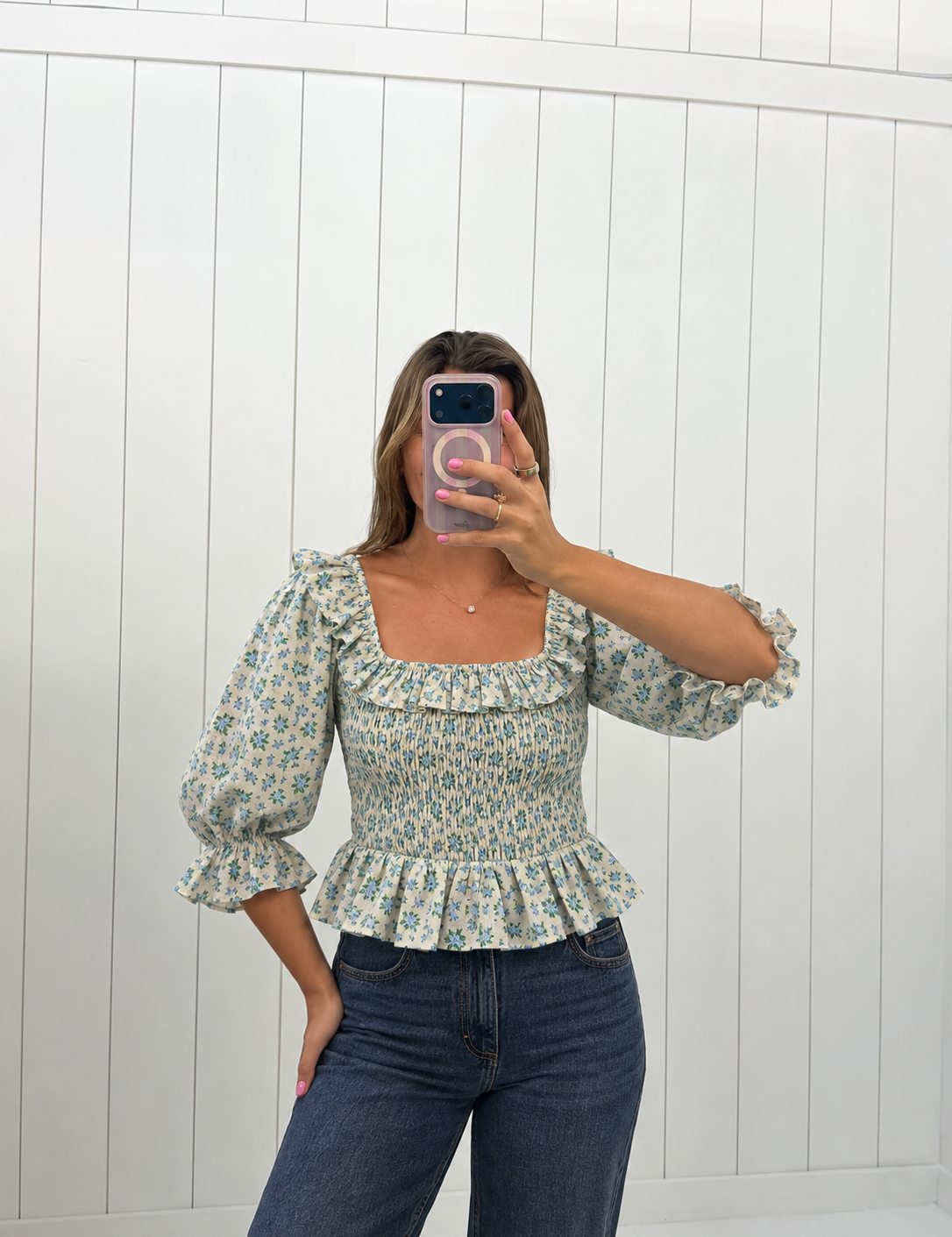 Blue Floral Linen Puff Sleeve Top