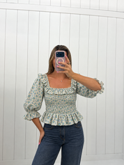 Blue Floral Linen Puff Sleeve Top
