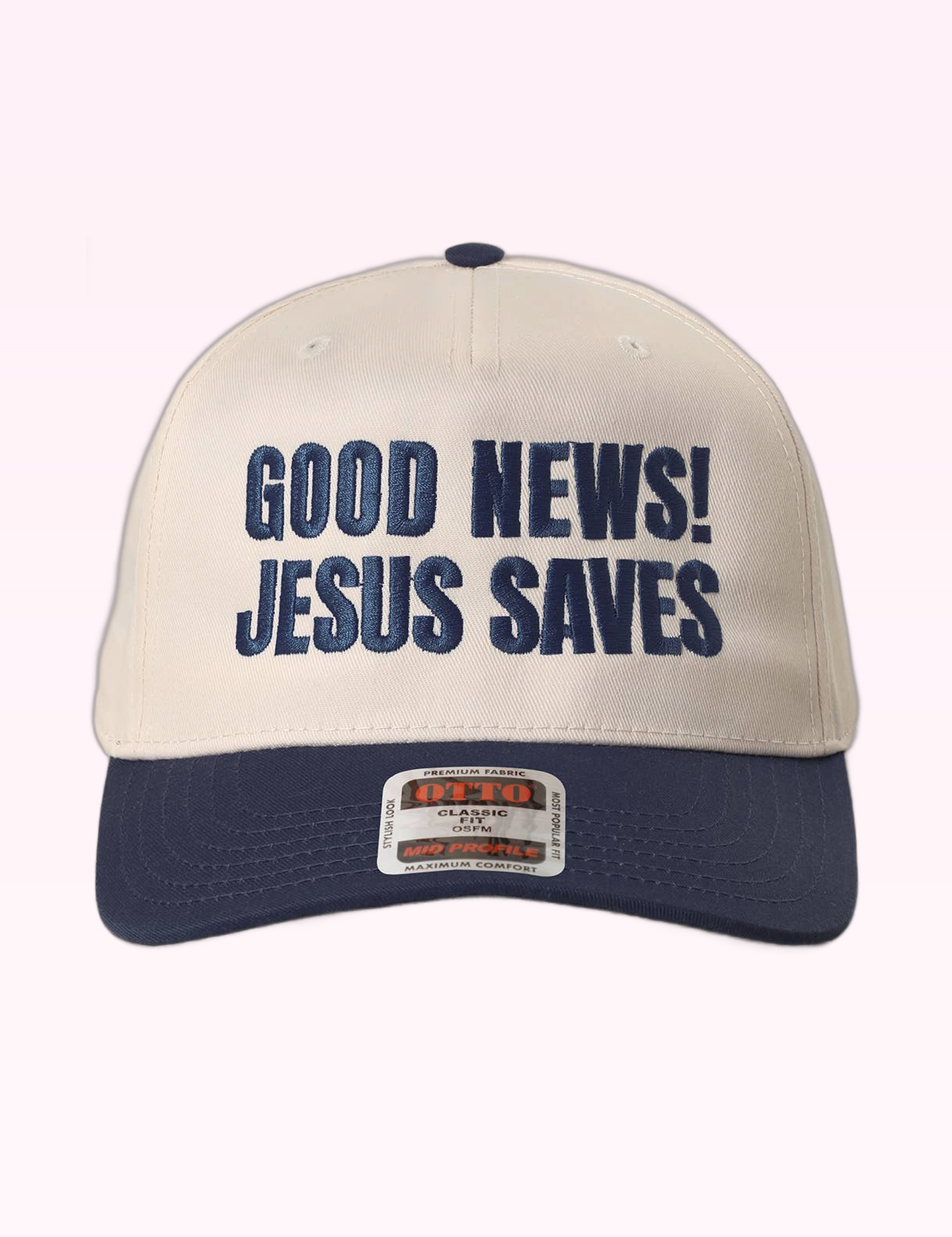 Ninety Nine Boutique super-pale pink accessory product photo: Navy Good News Jesus Saves Trucker Hat (September 30, 2026)