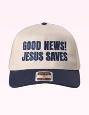 Ninety Nine Boutique super-pale pink accessory product photo: Navy Good News Jesus Saves Trucker Hat (September 30, 2026)