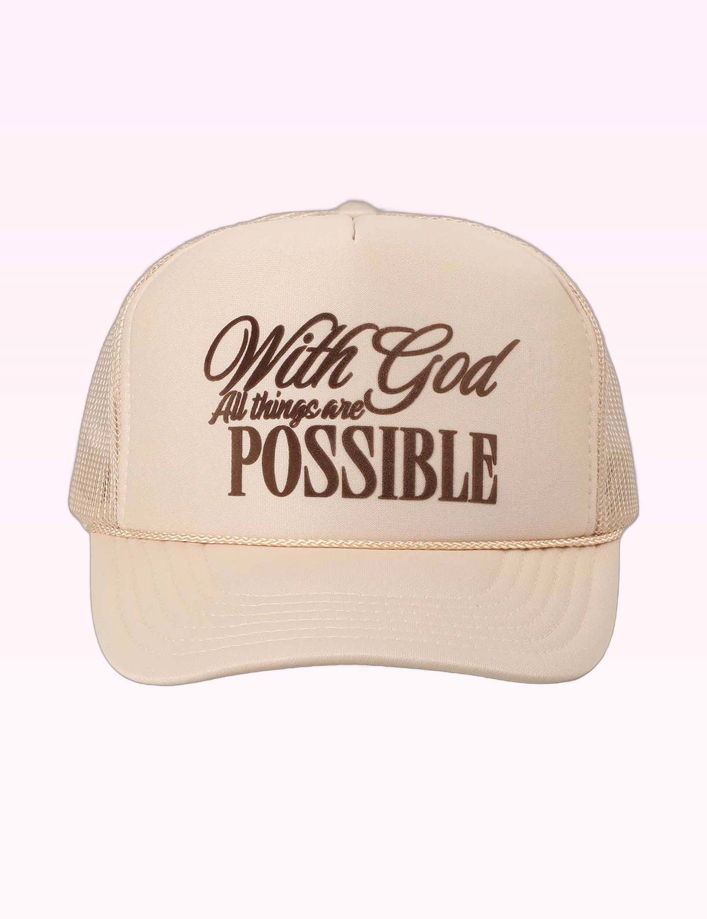Ninety Nine Boutique super-pale pink accessory product photo: With God All Possible Trucker Hat/ Tan (September 30, 2026)