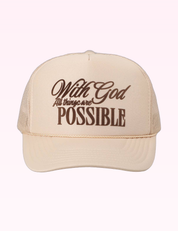 Ninety Nine Boutique super-pale pink accessory product photo: With God All Possible Trucker Hat/ Tan (September 30, 2026)